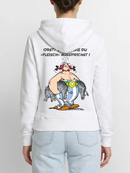 Obelix: Obst? Lustig wie du "Fleisch" aussprichst! - Frauen Premium Bio Zip Hoodie - Weiß - Hinten - AI Model Female 172 light (172cm)