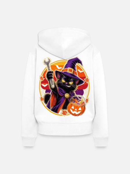 Halloween Hexenkatze mit Schraubenschlüssel - Frauen Premium Bio Zip Hoodie - Weiß