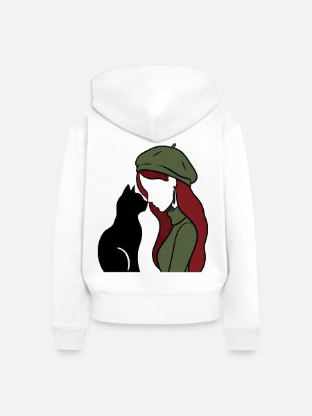 ragazza_rossa_con_basco_verde_con_gatto_nero - Frauen Premium Bio Zip Hoodie - Weiß