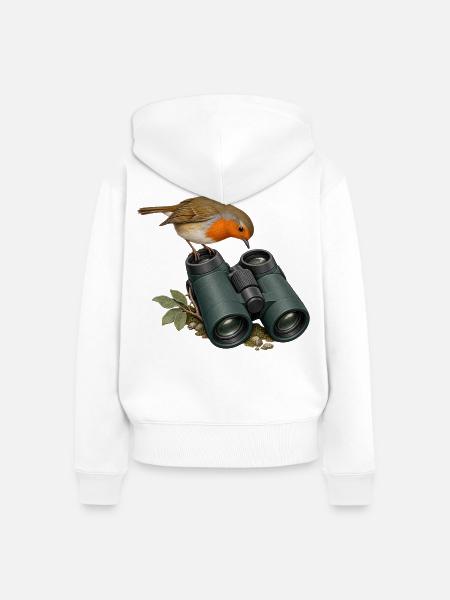 Perspektivwechsel – Rotkehlchen am Fernglas - Frauen Premium Bio Zip Hoodie - Weiß