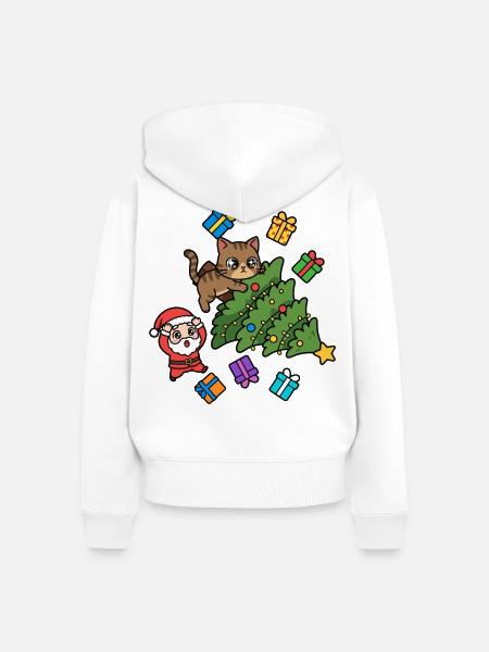 Verspielte Katze mit Weihnachtsbaum - Frauen Premium Bio Zip Hoodie - Weiß