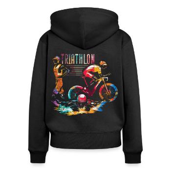 Ausdauernder Triathlet Wechselzone - Frauen Premium Bio Zip Hoodie - Schwarz - Hinten - Julia (174cm)