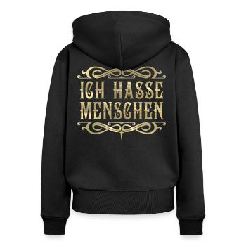 Ich hasse Menschen! - Frauen Premium Bio Zip Hoodie - Schwarz - Hinten - Julia (174cm)