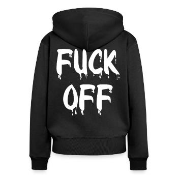 Provokatives Ausruf-Design Tropfen Fuck off - Frauen Premium Bio Zip Hoodie - Schwarz - Hinten - Julia (174cm)