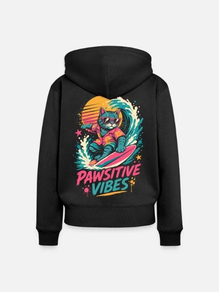 Surfende Katze – Pawsitive Vibes - Frauen Premium Bio Zip Hoodie - Schwarz