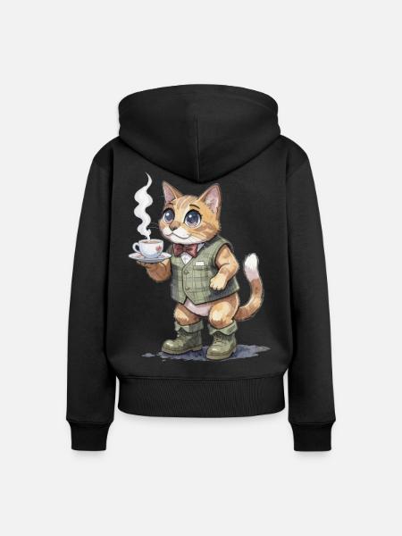 Katze im Tweed-Anzug mit Dampfender Tasse - Frauen Premium Bio Zip Hoodie - Schwarz