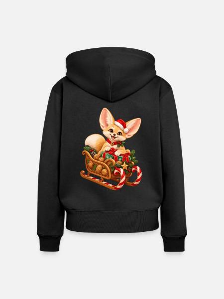Fennek mit weihnachtlichem Nussschlitten - Frauen Premium Bio Zip Hoodie - Schwarz