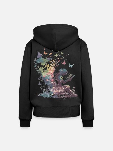 Lesende Seele im Schmetterlingsgarten - Frauen Premium Bio Zip Hoodie - Schwarz