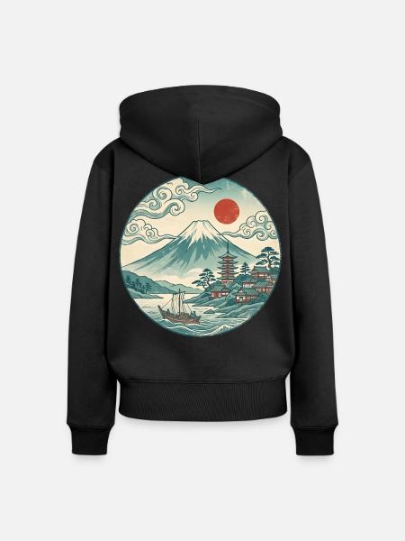 Fuji mit roter Sonne und Pagode - Frauen Premium Bio Zip Hoodie - Schwarz