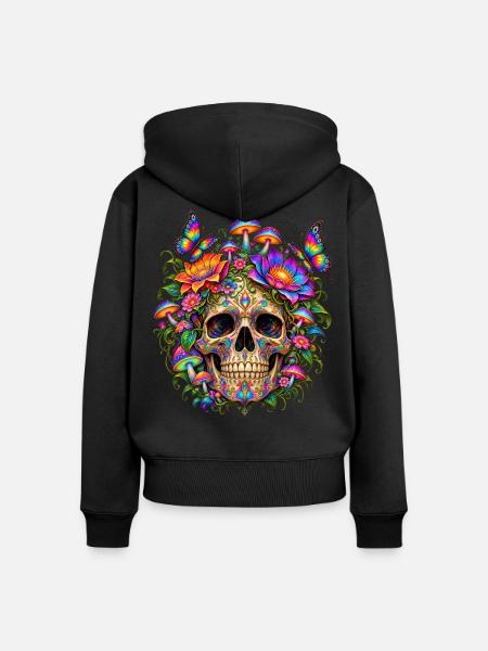 Blumige psychedelische Totenschädelpilze und Schmetterlinge - Frauen Premium Bio Zip Hoodie - Schwarz
