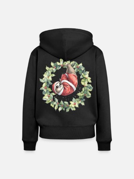 Weihnachts-Sloth im Kranz - Frauen Premium Bio Zip Hoodie - Schwarz