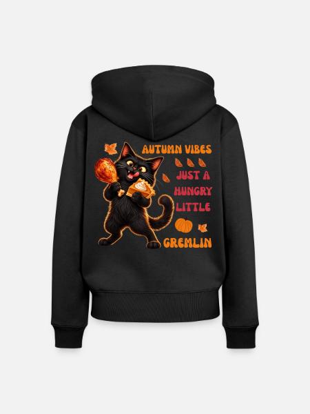 Herbststimmung: Hungriger schwarzer Katzen-Gremlin - Frauen Premium Bio Zip Hoodie - Schwarz