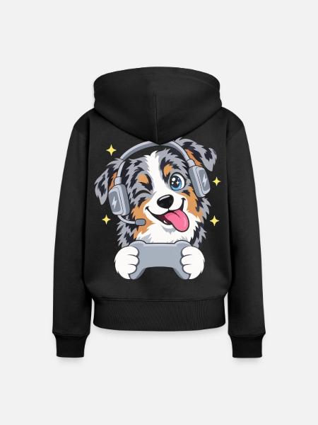 Gaming Australian Shepherd mit Headset Controller - Frauen Premium Bio Zip Hoodie - Schwarz