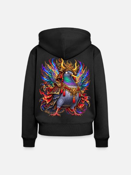 Verrückte Samurai-Taube mit Pommes - Frauen Premium Bio Zip Hoodie - Schwarz