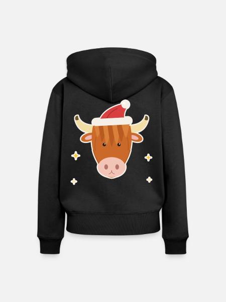 Highland Cow mit Weihnachtsmütze - Frauen Premium Bio Zip Hoodie - Schwarz