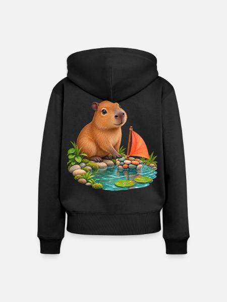 Kleines Capybara am Kieselboot - Frauen Premium Bio Zip Hoodie - Schwarz