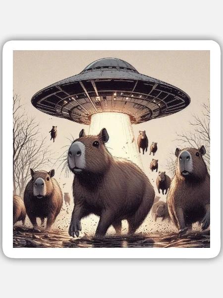 UFO & Wasserschweine - Sticker Größe M (15 x 15 cm) - Mattweiß