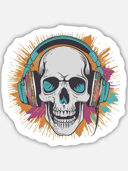 Totenkopf mit Kopfhörern - Sticker Größe M (15 x 15 cm) - Mattweiß
