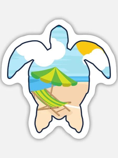 Schildkröte mit Strandszene - Urlaubsmotiv - Sticker Größe M (15 x 15 cm) - Mattweiß
