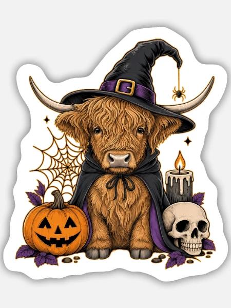  Hochlandrind Halloween - Sticker Größe M (15 x 15 cm) - Mattweiß
