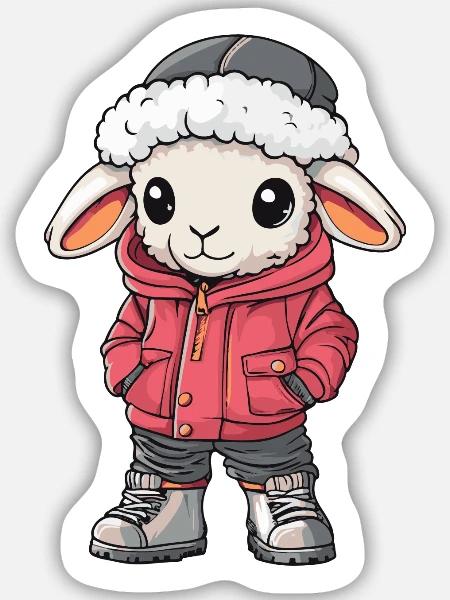 Schaf mit Winterjacke und Fellmütze - Sticker Größe M (15 x 15 cm) - Mattweiß