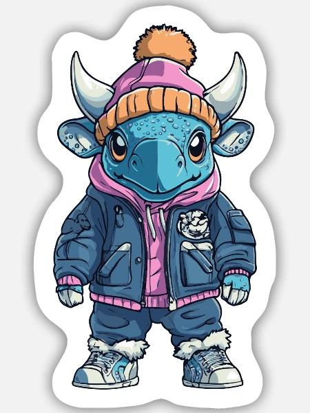 Stier mit Winterjacke und Mütze - Sticker Größe M (15 x 15 cm) - Mattweiß