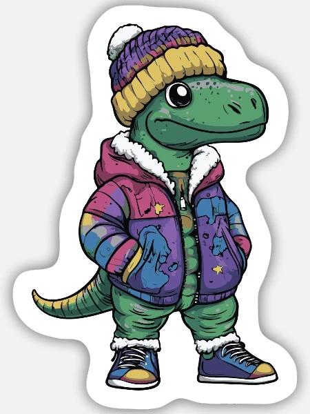 Dinosaurier mit Winterjacke und Mütze - Sticker Größe M (15 x 15 cm) - Mattweiß
