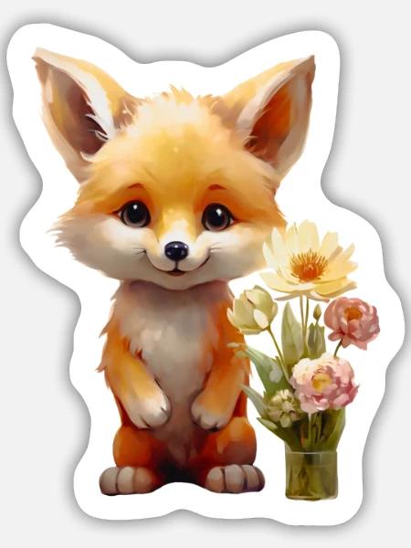 Süsser Fuchs mit Blumen – Kleiner Glücksbringer - Sticker Größe M (15 x 15 cm) - Mattweiß