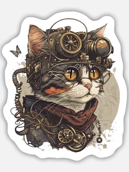 Steampunk Cat Kitty Kitten Steampunk - Sticker Größe M (15 x 15 cm) - Mattweiß