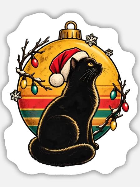 Schwarzer Kater im Weihnachtszauber - Sticker Größe M (15 x 15 cm) - Mattweiß