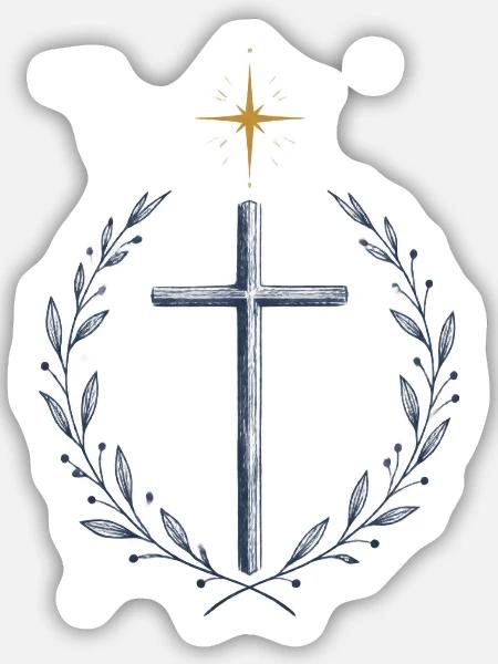 Kreuzkranz mit Sternenkrone - Sticker Größe M (15 x 15 cm) - Mattweiß