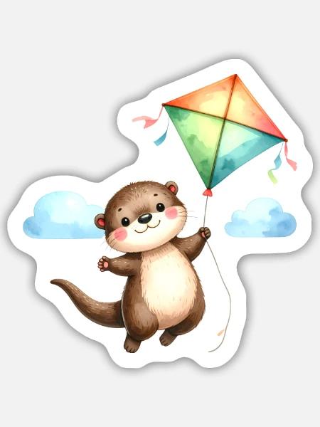 Comic Otter Drachen Steigen Herbst Wind - Sticker Größe M (15 x 15 cm) - Mattweiß