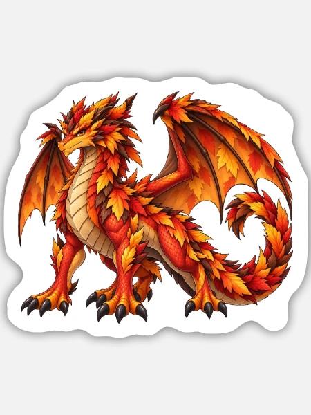 Majestätischer Herbstlaubdrache – Fantasy Drache - Sticker Größe M (15 x 15 cm) - Mattweiß