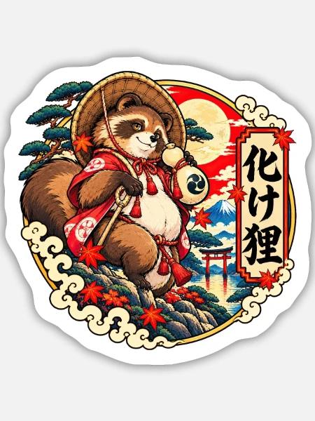 Bake Tanuki: Japans schelmischer Yokai - Sticker Größe M (15 x 15 cm) - Mattweiß