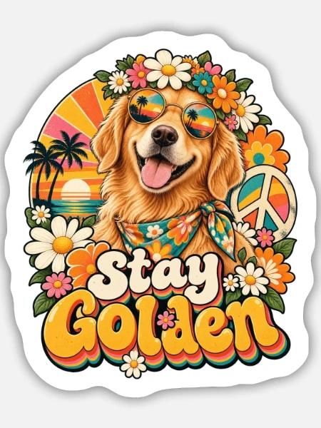 Stay Golden Hund Retro Blüten - Sticker Größe M (15 x 15 cm) - Mattweiß