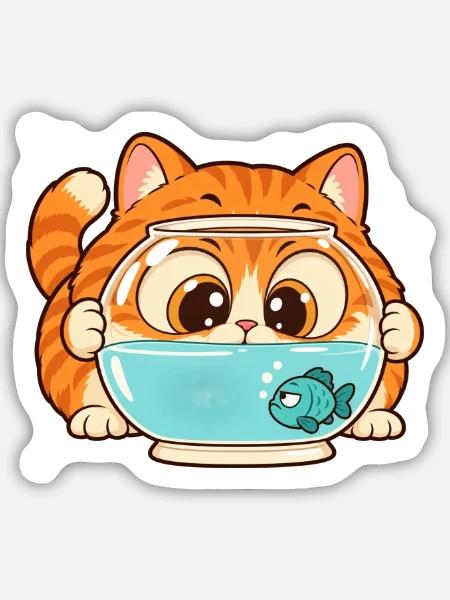 Katzenbaby am Fischglas Aquarium - Sticker Größe M (15 x 15 cm) - Mattweiß