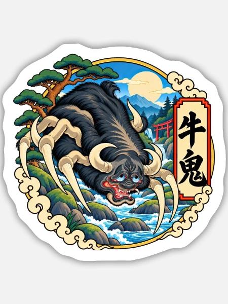 Ushi-Oni als japanischer Rinderdämon - Sticker Größe M (15 x 15 cm) - Mattweiß