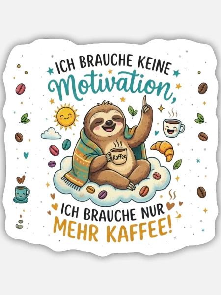 Mehr Kaffee Motivation Faultier - Sticker Größe M (15 x 15 cm) - Mattweiß