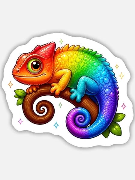 Kawaii Chamäleon Regenbogen Bunt T-Shirt - Sticker Größe M (15 x 15 cm) - Mattweiß