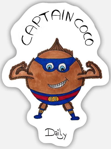 CaptainCoco – Kokosnuss-Superheld mit Maske - Sticker Größe M (15 x 15 cm) - Mattweiß