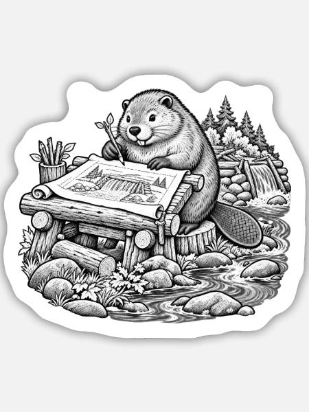 Beaver Architekt entwirft einen Walddamm - Sticker Größe M (15 x 15 cm) - Mattweiß