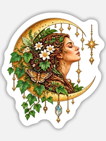 Mondgöttin im Blattkranz - Sticker Größe M (15 x 15 cm) - Mattweiß