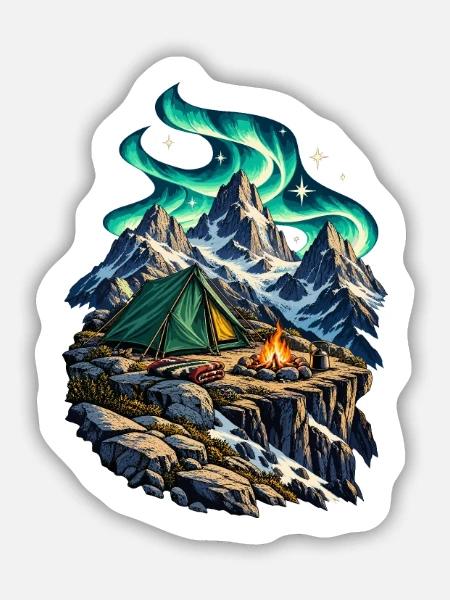 Hochgebirgslager unter einem Polarlichtbogen - Sticker Größe M (15 x 15 cm) - Mattweiß