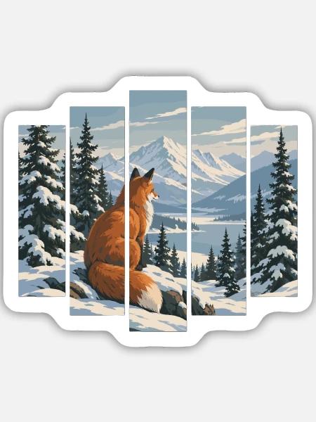 Fuchs im Winterwald - Verschneite Berglandschaft - Sticker Größe M (15 x 15 cm) - Mattweiß