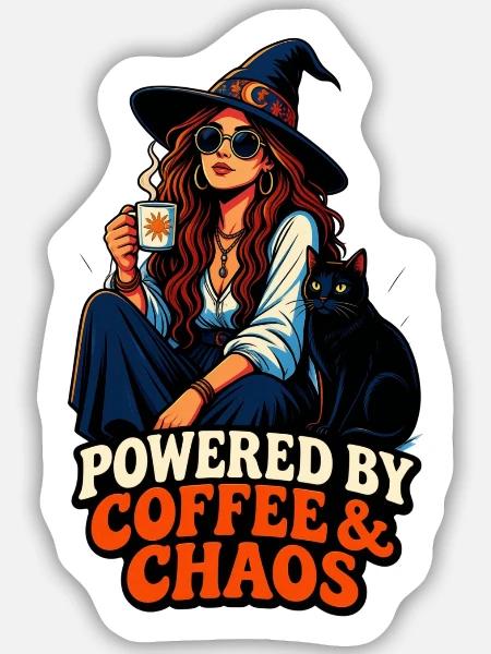 Kaffee Chaos Boho-Girl & Katze - Sticker Größe M (15 x 15 cm) - Mattweiß