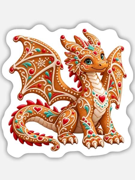 Lebkuchendrache – Süßer Weihnachtsdrache - Sticker Größe M (15 x 15 cm) - Mattweiß