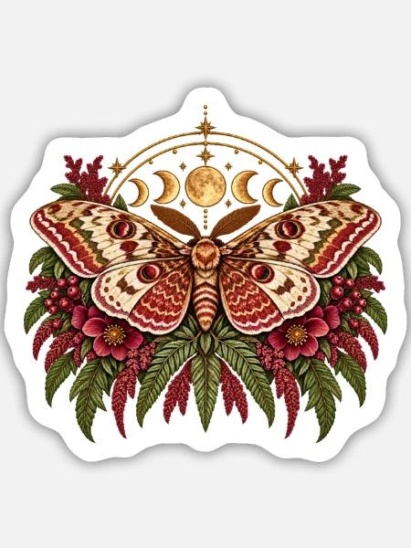 Mondmotte im Blütenkranz - Sticker Größe M (15 x 15 cm) - Mattweiß
