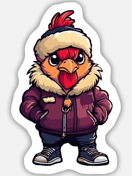 Hahn mit Winterjacke und Fellmütze - Sticker Größe M (15 x 15 cm) - Mattweiß