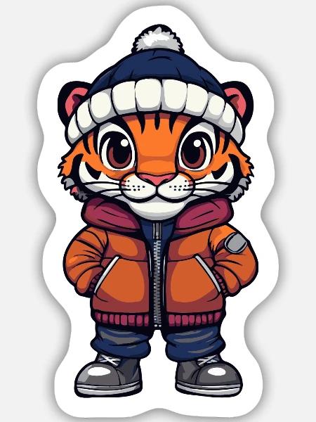 Tiger mit Winterjacke und Mütze - Sticker Größe M (15 x 15 cm) - Mattweiß