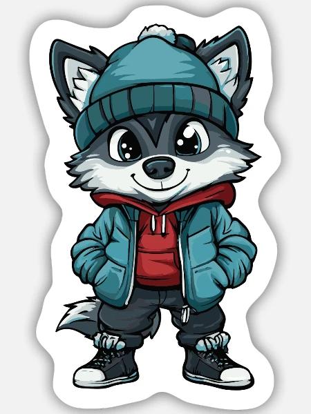 Wolf mit Winterjacke und Mütze - Sticker Größe M (15 x 15 cm) - Mattweiß
